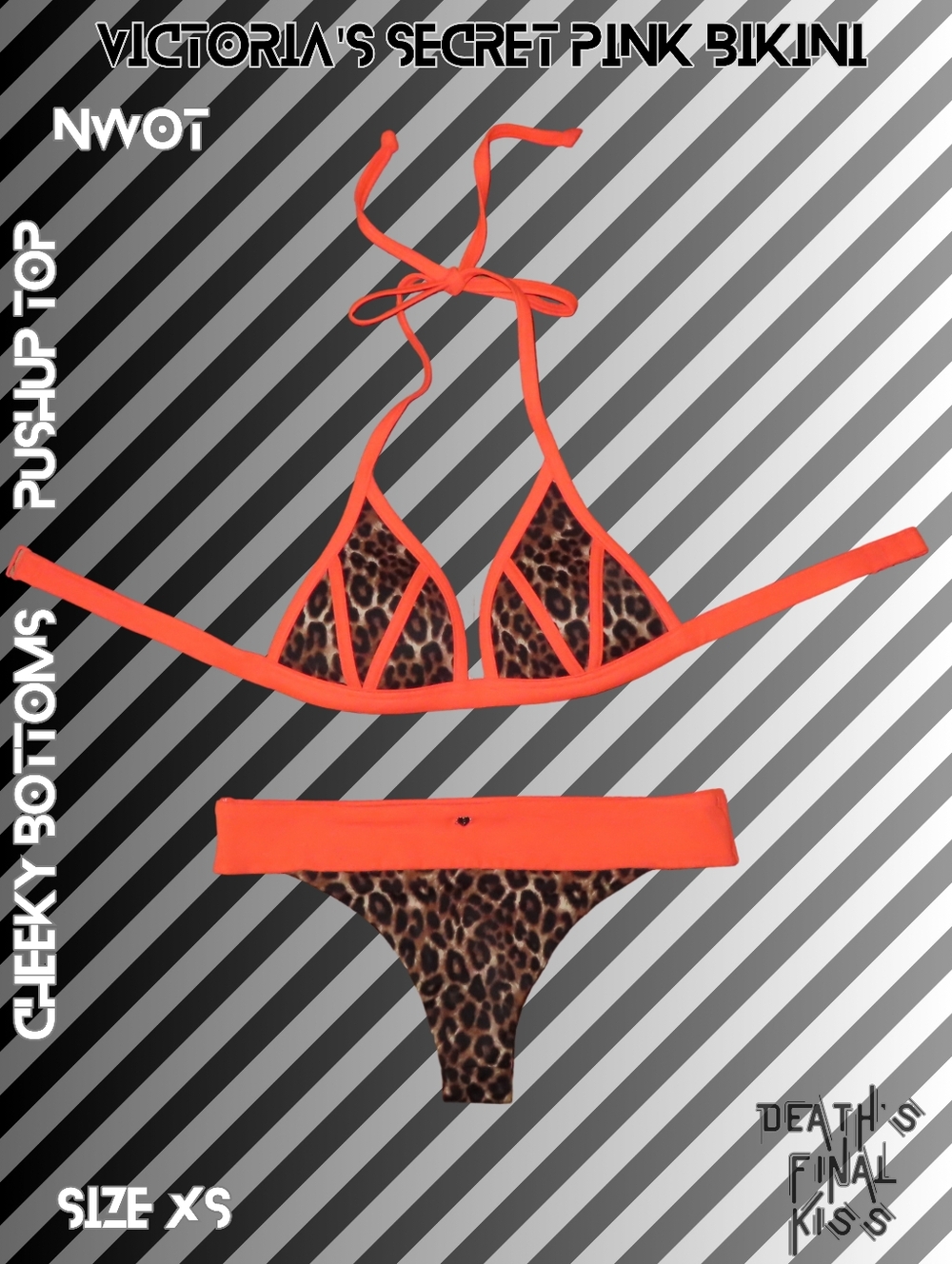 RARE Victoria's Secret PINK Hunter Orange Leopard Cheeky Tiny Pushup Bikini XS